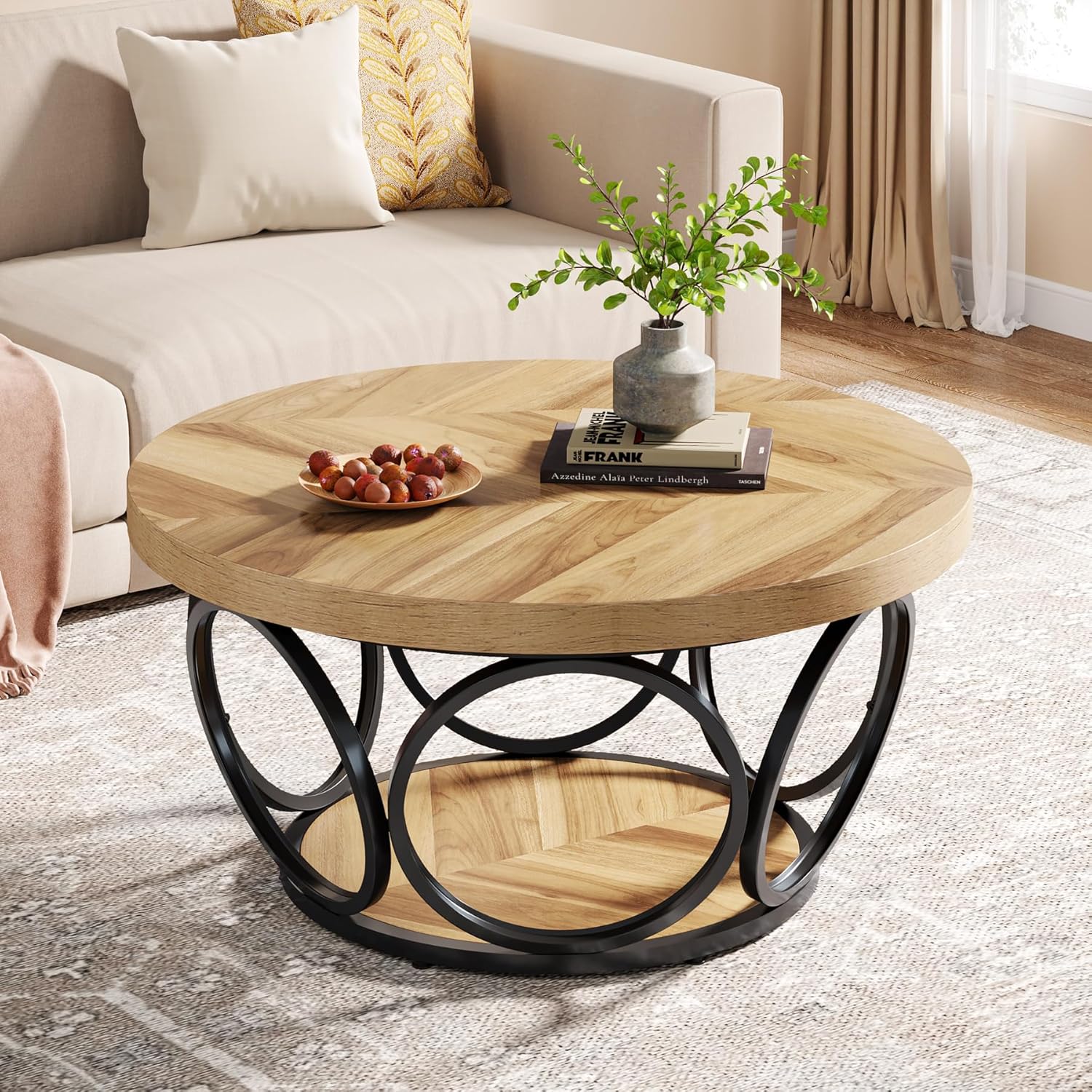 80cm Round Coffee Table, Farmhouse Large Two-tier Storage Wood Table, Modern Tea Table With Wood Grain.