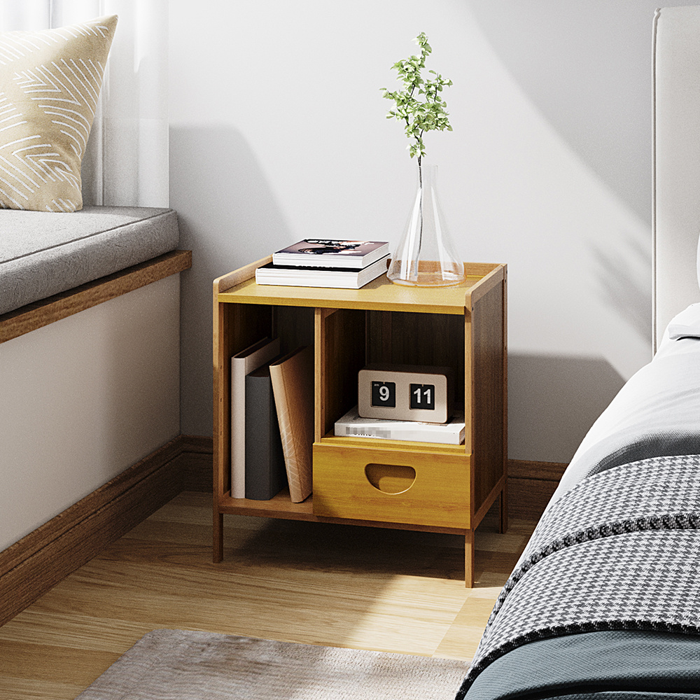 TEMU 1pc Natural Wooden Bedside Table - Single Drawer With Side Shelf & Open Compartment, Small Side Table Or Storage Cabinet, Sofa End Side Table