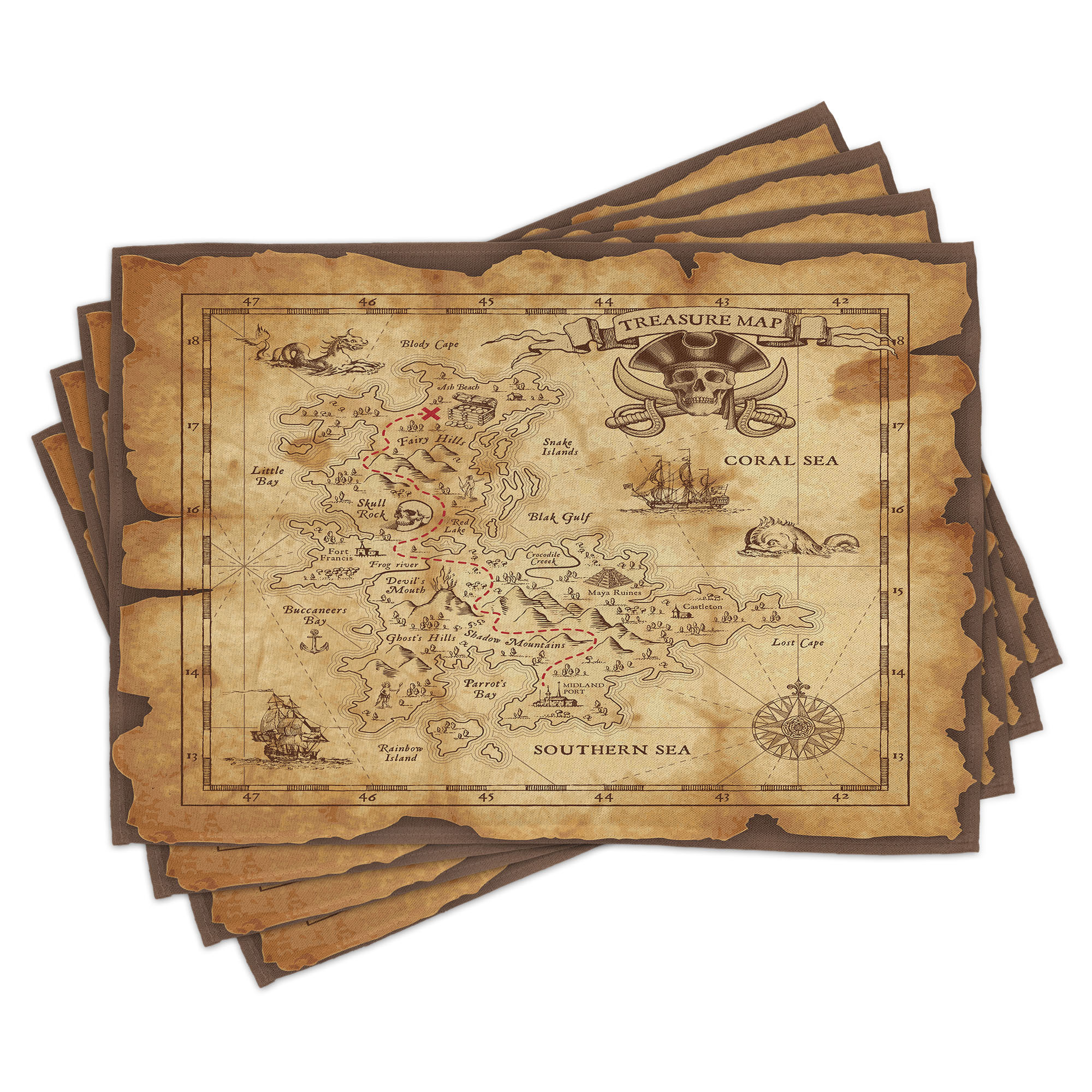 Image of Island Placemats, Old Paper Treasure Map, Washable Fabric Dining Kitchen Table Decorations , Beige Brown