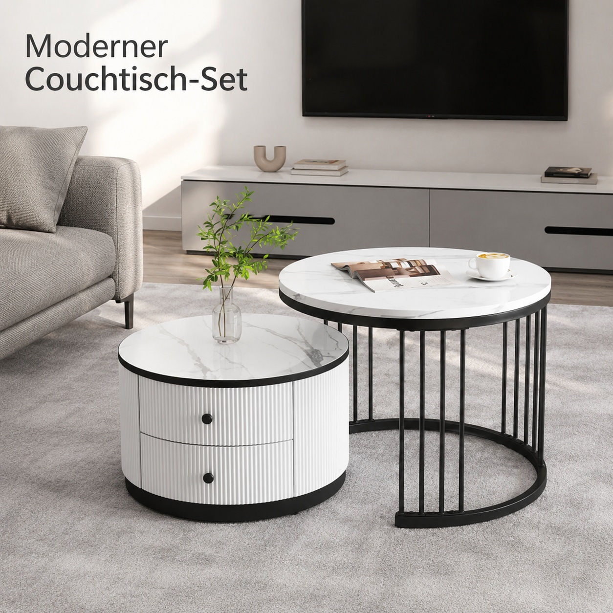 Image of 60*60*45.5cm & 50*50*32cm, Modern 2pcs Nesting Round Coffee Table Set In Black And White Optics, High-gloss Marble Optic Table Top With 2 Drawers, Space-saving, Loadable Up To 30kg For Living Room.