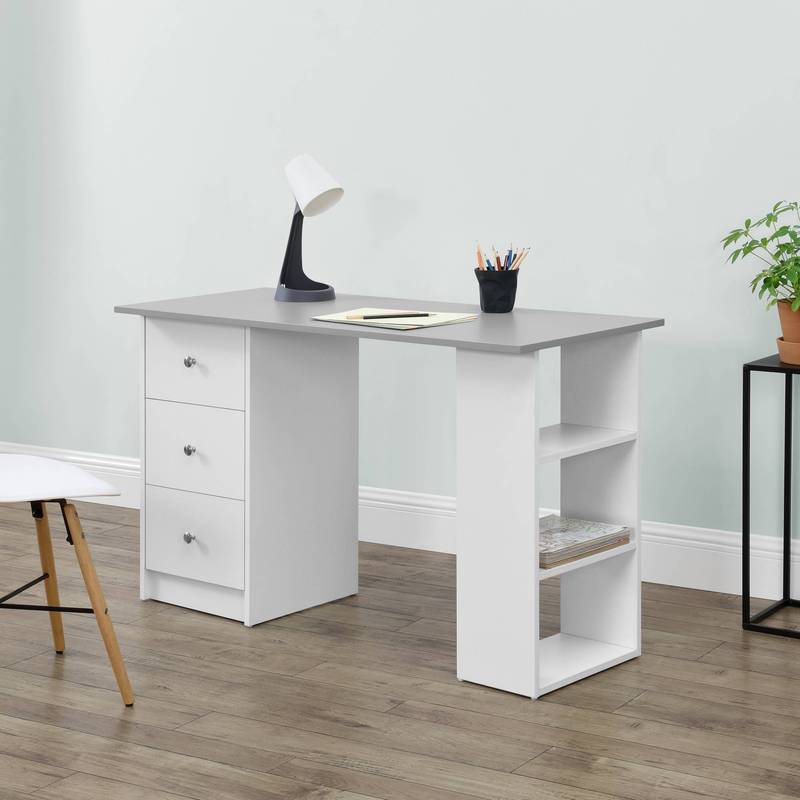 TEMU Bureau 120X50X72Cm Table de bureau avec tiroirs Blanc/ Étagère de rangement PC Table En.Casa