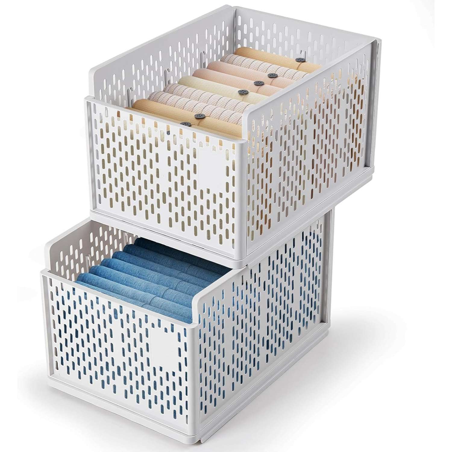 TEMU 2pcs Foldable Plastic Wardrobe Closet Cabinet Storage Organiser Stackable Pull Out Drawer Baskets With Ventilation Holes For Jeans, Clothes,