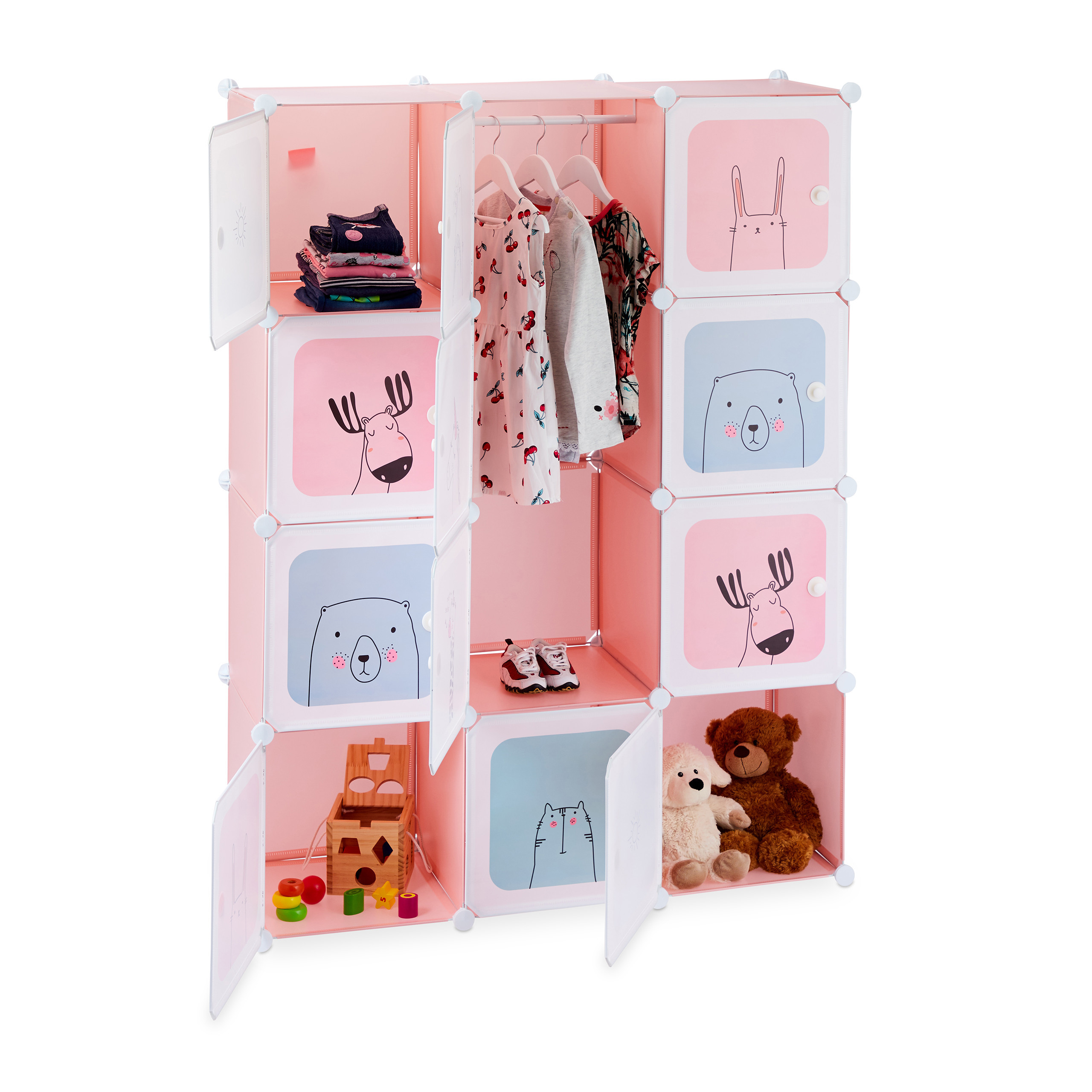 TEMU Armoire enfant rose, système modulable en plastique et métal, 145 x 110 x cm, 9 compartiments, portes à animaliers, tringle à vêtements, pour