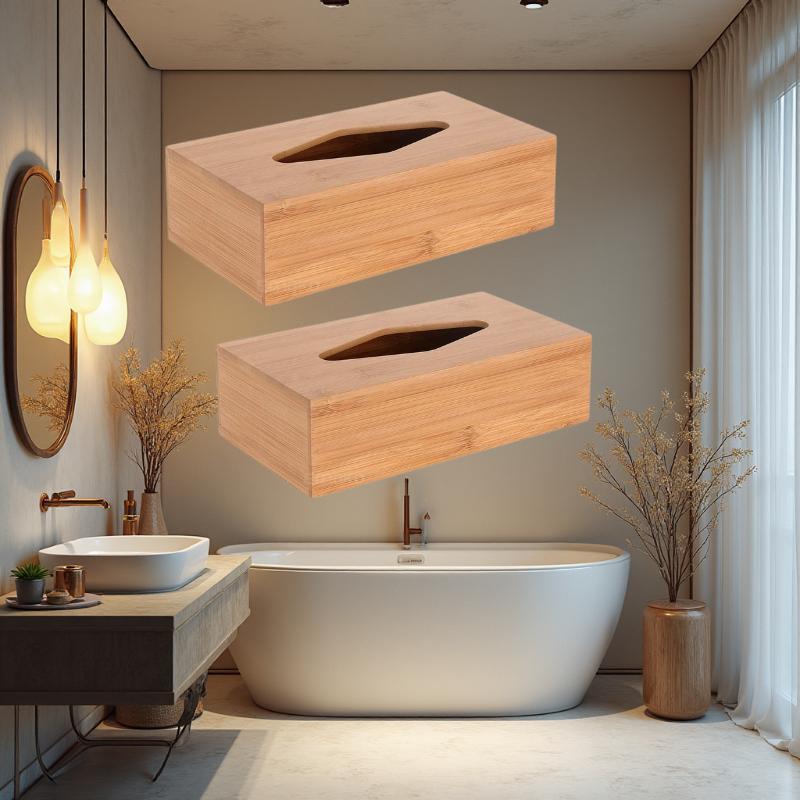 2-piece Set Bamboo Tissue Dispenser, Cosmetic Tissue Box, Tissue Holder, Cosmetic Organizer