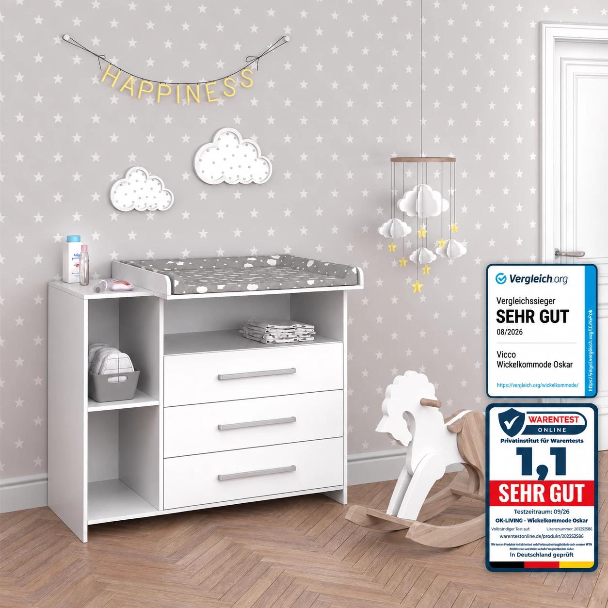 Image of Oskar White Changing Dresser 113 X 100 Cm With Drawers, Baby Changing Table, Changing Top For Dresser, Changing Table, Living Room Cabinet, Particle Board, 16 Mm, Nursery Room