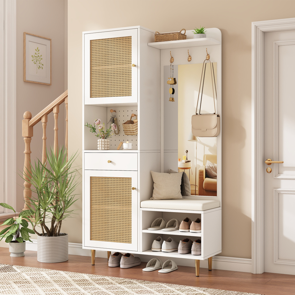 Image of Wardrobe Set With Shoe Bench, Mirror, Hooks & Shoe Cabinet – Dresser With 2 Rattan Doors, 1 Drawer, Shelf & Pegboard, Iron Legs, For Hallway & Entryway, 99x35x180 Cm
