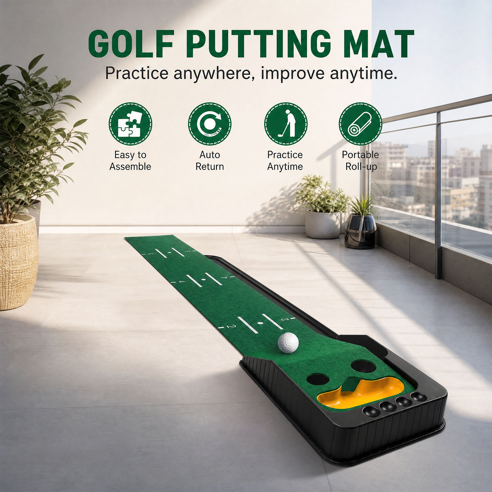 Golf Putting Mat with Automatic Ball Return & Dual-Hole Design