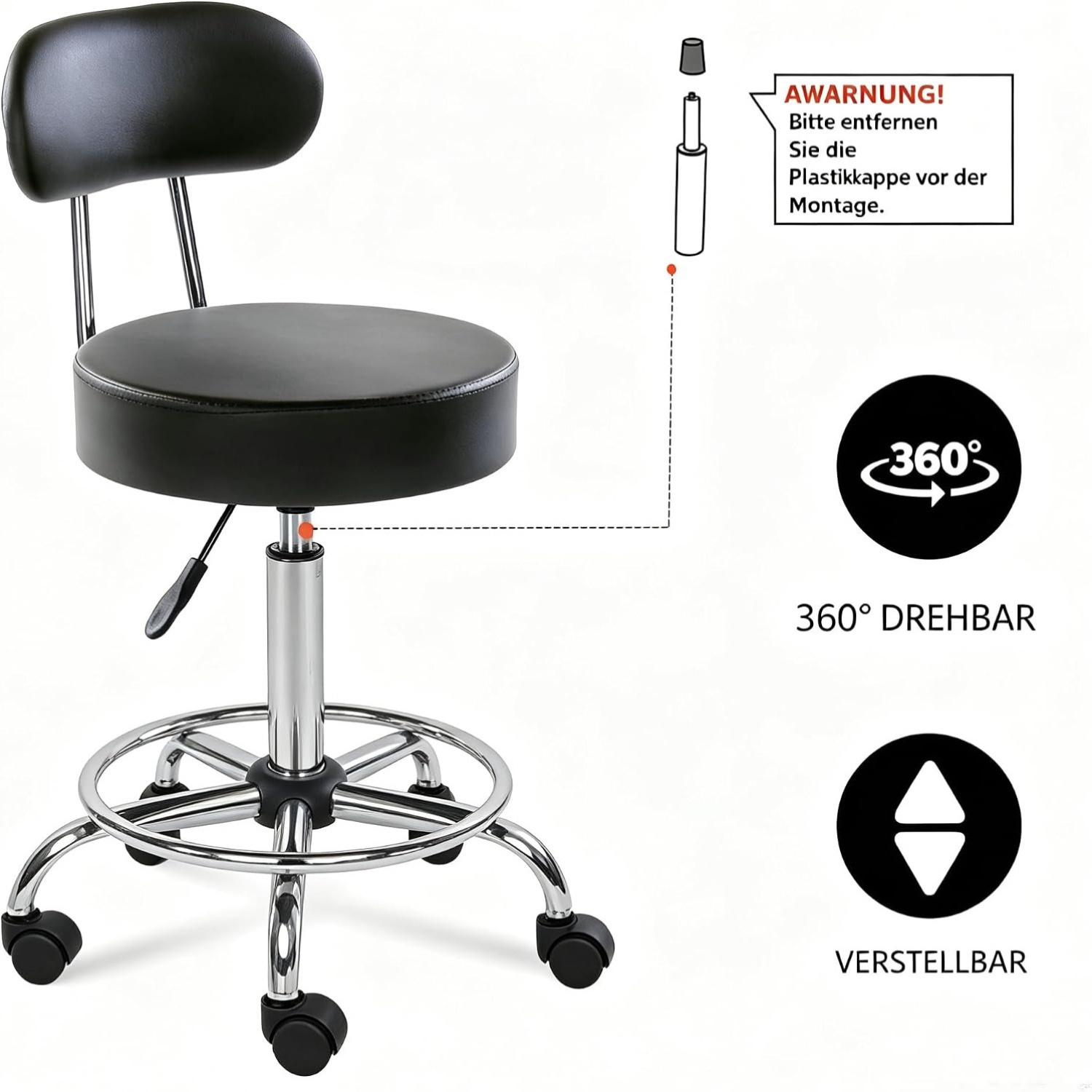 Height-adjustable Rolling Stool With Backrest & 360° Rotation & 7.5 Cm Thick Pu Leather, Office Stool, 150 Kg Load Capacity For Salon & Office