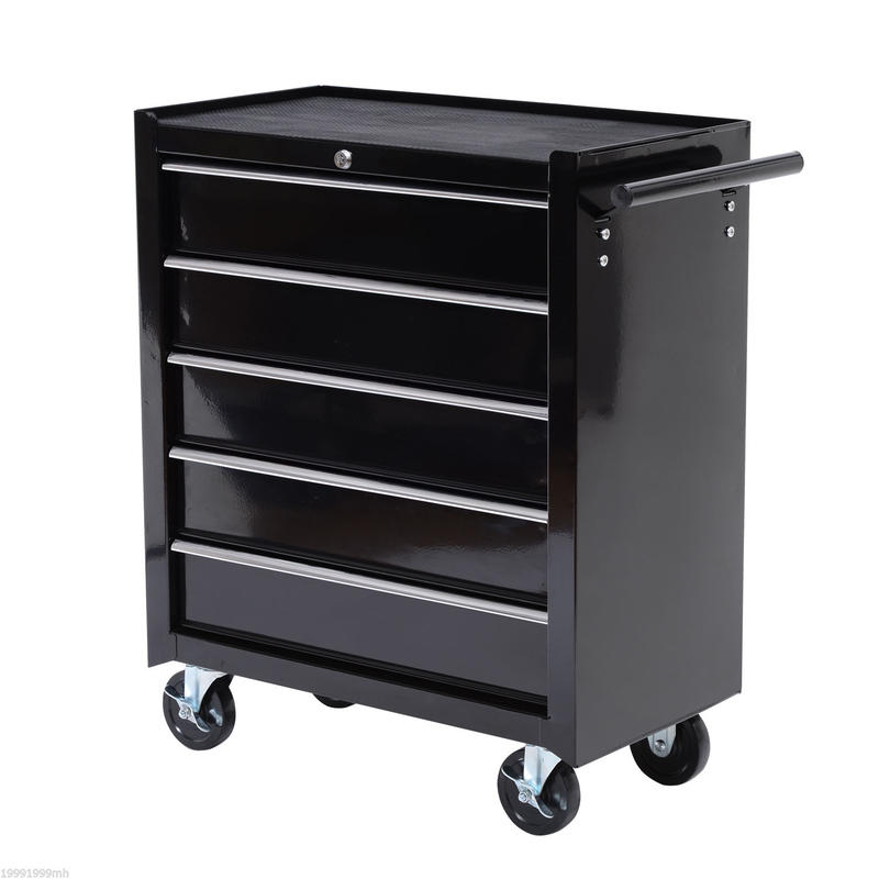 Toolbox, Tool Cabinet, Roll Bar, 5 Drawers, Steel, Black