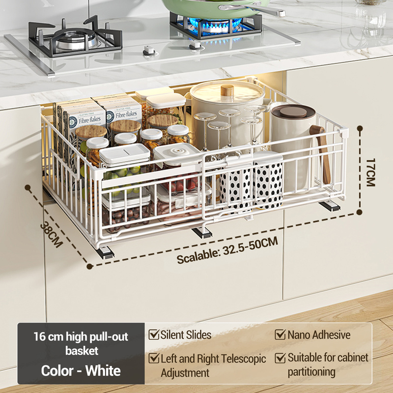 Image of Expandable Ll Out Cabinet Organizer Adhesive, Peel And Stick Slide Out Drawers For Kitchen Cabinets, Ll Out Shelves For Kitchen Pantry Organization Adjustable Width 32.5-50cm