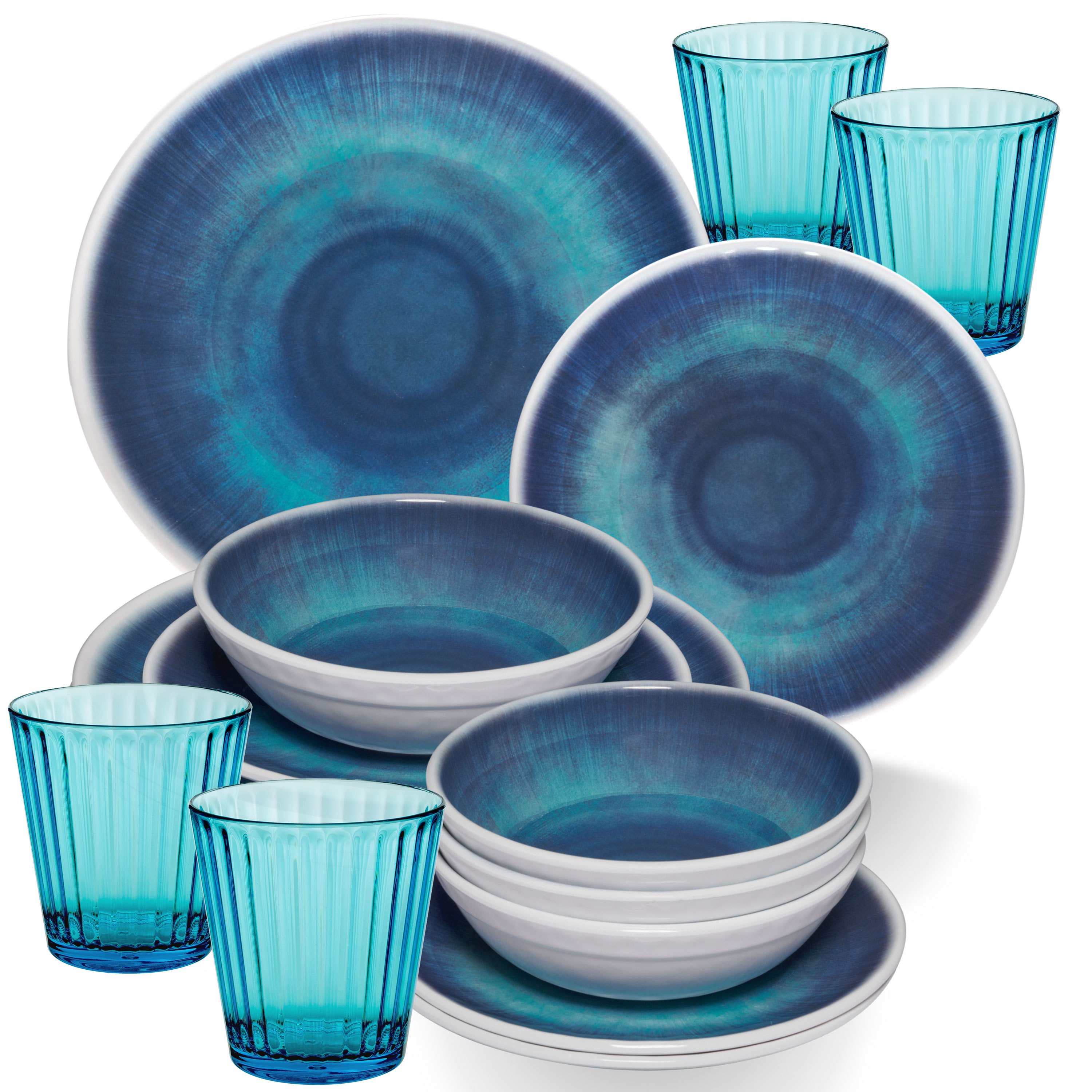 Image of Camping Dishware Blue For - 16pcs - With Color-matching Acrylic Drinking Glasses 360ml, Modern Camping Dishware Set, Table Dishware, Colorful Camping Dishware