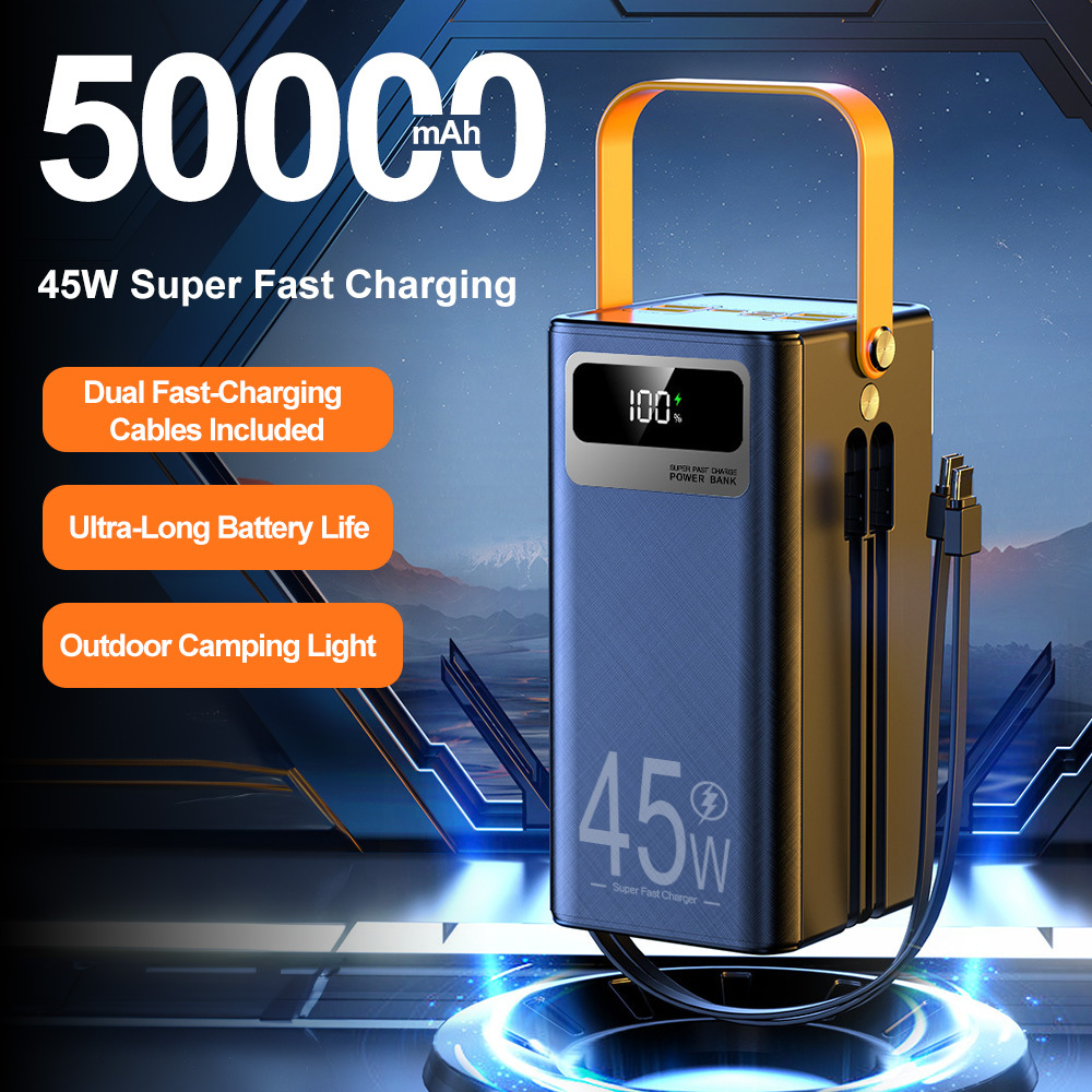 Image of 50000mah Portable Powerbank – High Capacity Caricatore Portatile With Dual Built-in Cables, Pd & Type-c Support, 45w Fast Charging – Multi-device Power Bank For Outdoor Camping, Travel And Daily Use