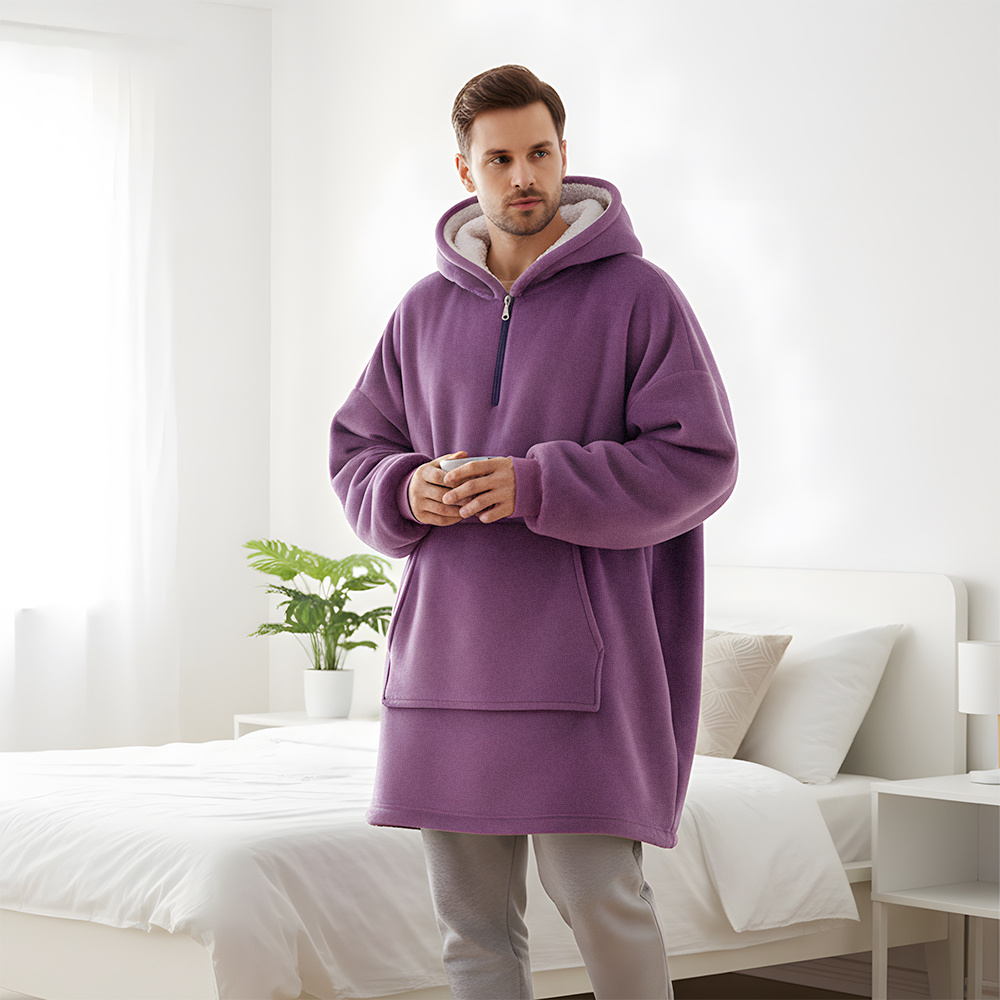 TEMU 1 Pc Oversized Cozy Wearable Blanket Hoodie Sweatshirt, Unisex Half-zip Up Comfortable Plush Lining Hoodie Blanket, Long Sleeve Wearable Jumper