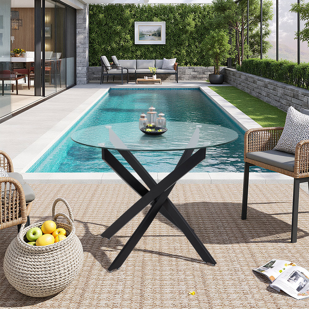 TEMU 100cm Round Tempered Glass Dining Table Garden Table, Modern Kitchen Table With Black Metal Legs For Dining Room, Black, Small Coffee Table Tea