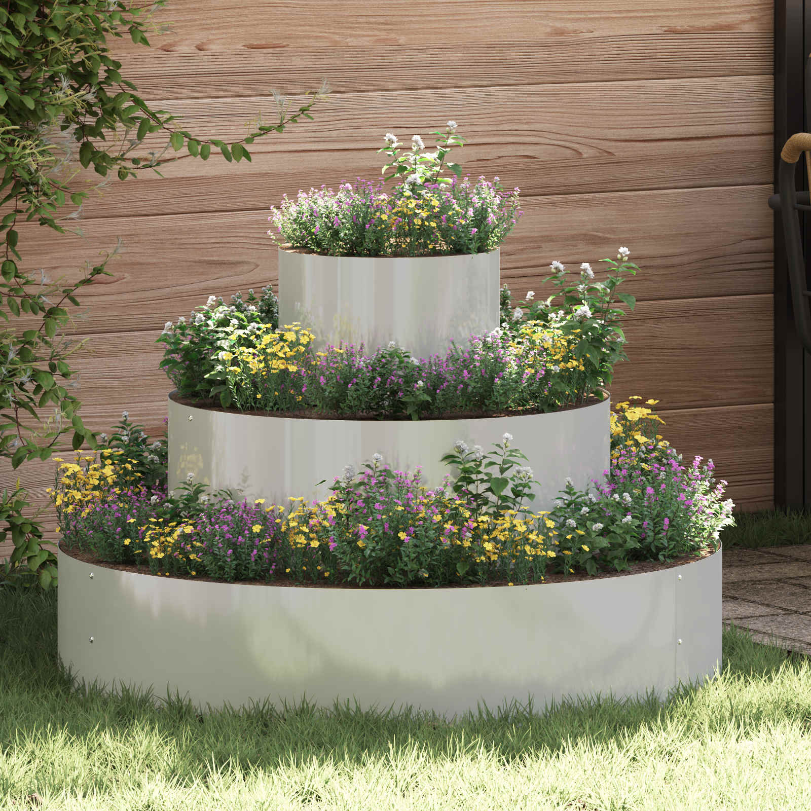 Image of Silvery Garden Planter 90 X 90 X 20 Cm Galvanized Steel, Garden And Terrace, Modern Round Flower Pot, Long-lasting Metal Pot, Steel, , Outdoor Decor