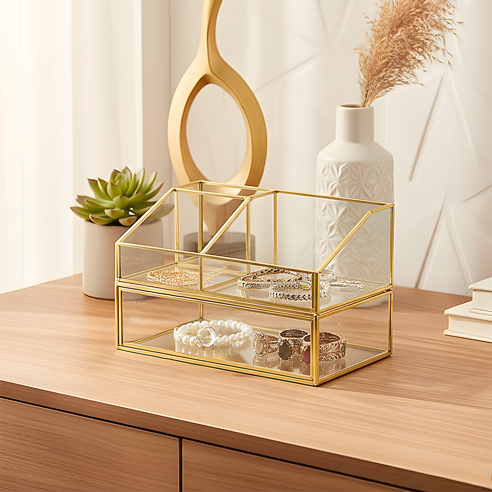 Double Layer Cosmetics Jewelry Box with Earring Organizer