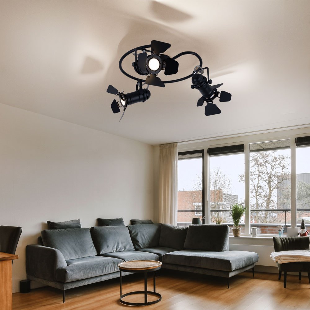 Swivel Ceiling Light, 3-arm Ceiling Spotlight, Black, Film Projector Style, 3x Gu10, Dxh 40 X 26.5 Cm