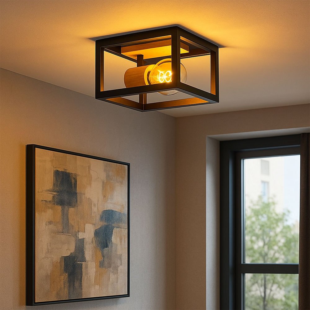 Retro Wooden Ceiling Lamp, Black Adjustable Ceiling Spotlight With Natural , 1x E27, 14.5x22x22 Cm