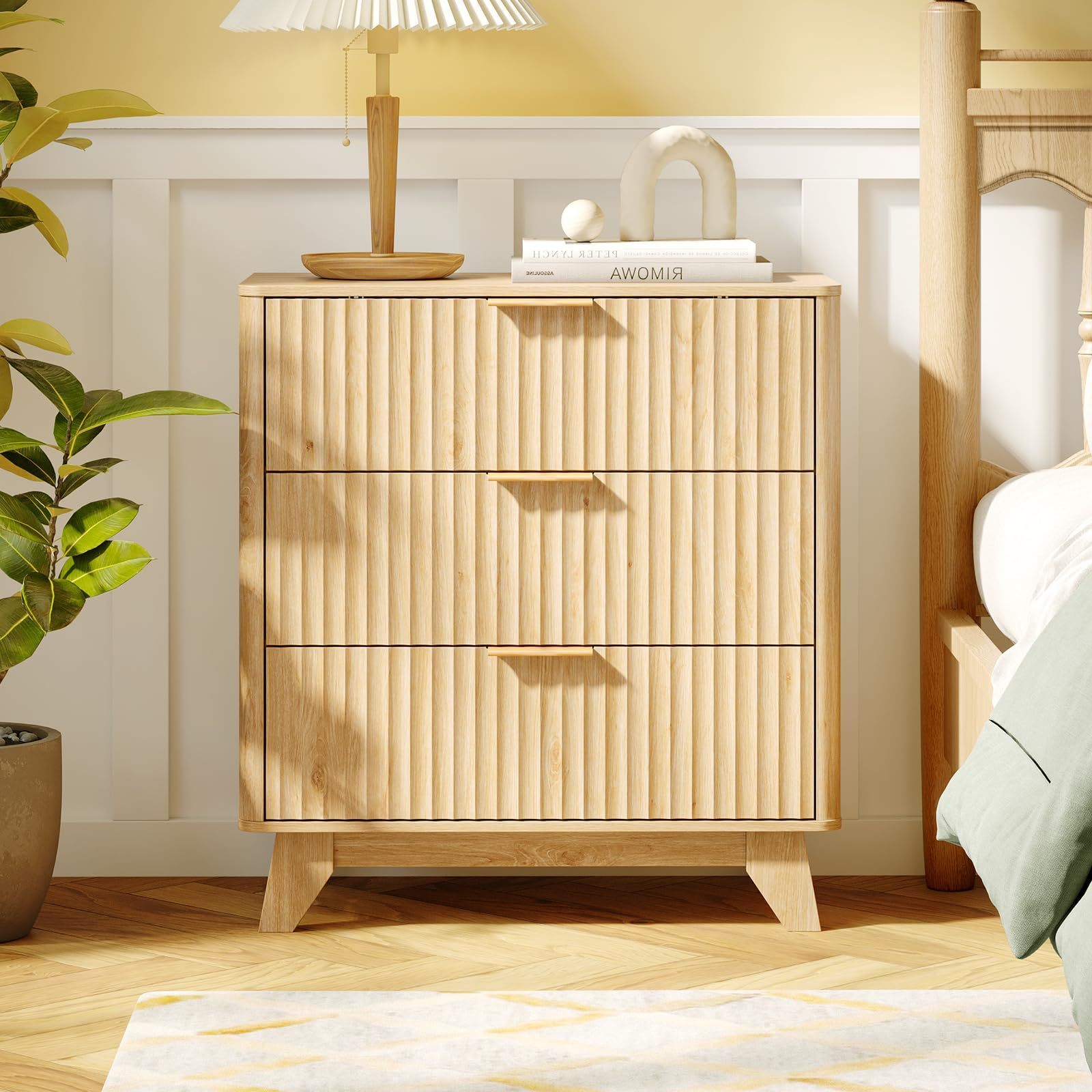 Image of Dresser With 3 Drawers, Chest Of Drawers With Ribbed Doors, Sideboard For Bedroom, Living Room, Modern, Oak (70x35x75cm)