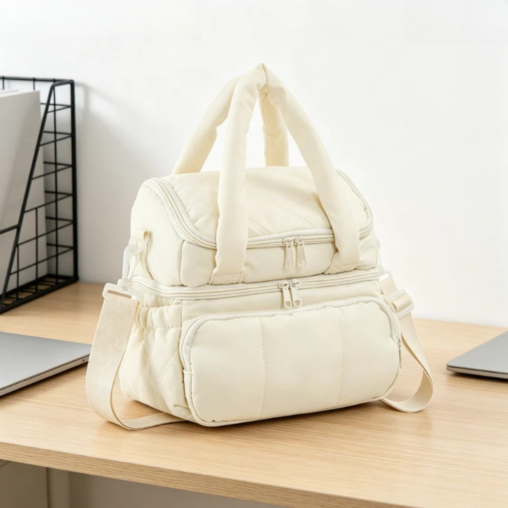 Beige Double Layer Insulated Lunch Bag with Adjustable Shoulder Strap