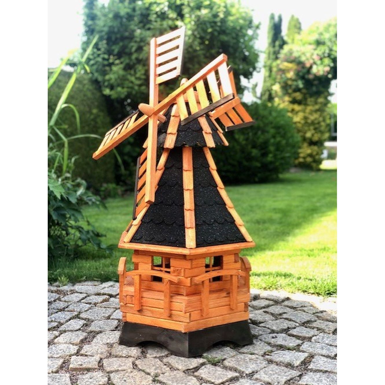 Image of Six-sided Xl Wooden Garden Windmill With Ball Bearing Brown/black Height 95 Cm