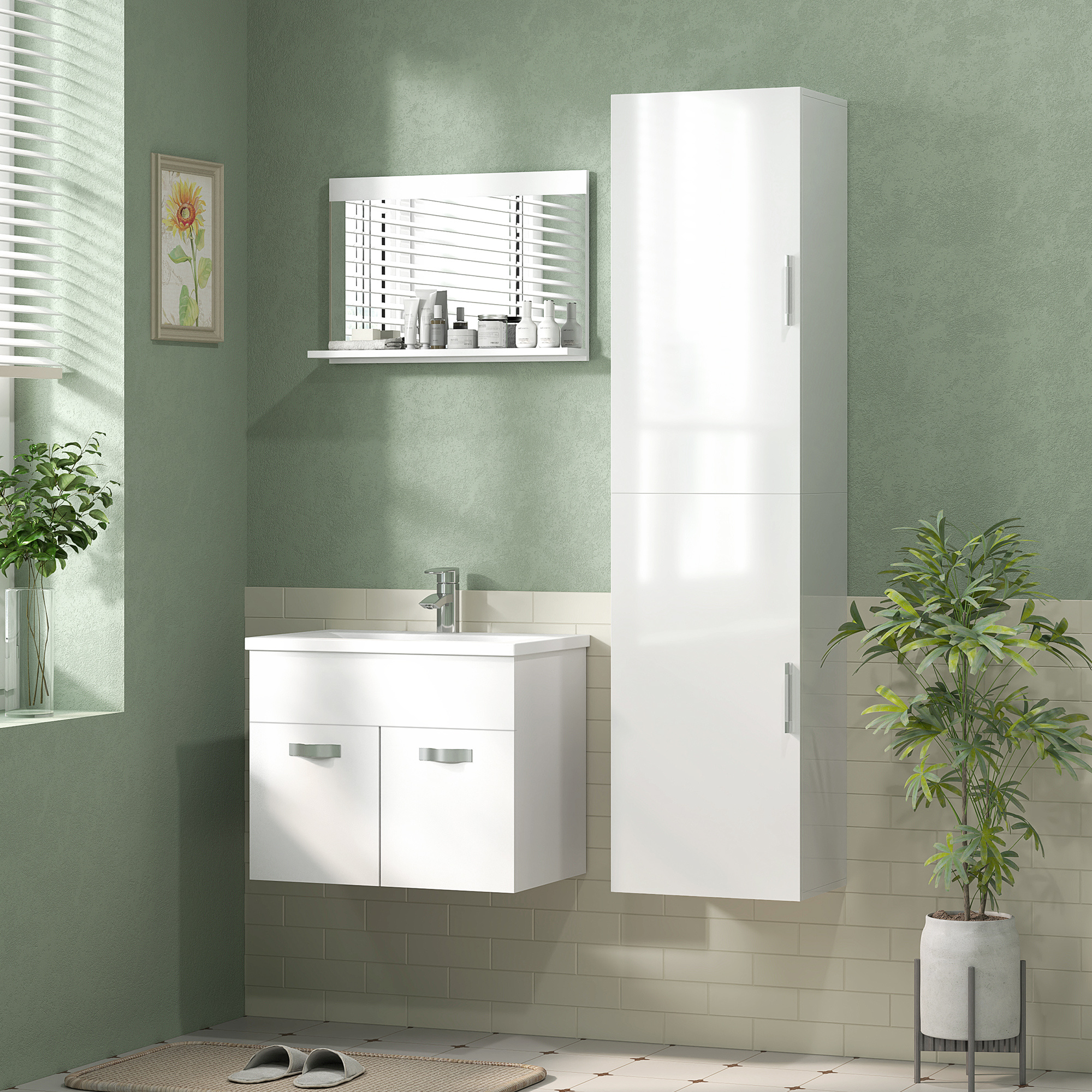 Image of Wall-mounted Bathroom Cabinet Narrow Bathroom Column With Adjustable Shelves And 2 Doors Modern Bathroom Furniture For Small Space 40x30x160 Cm White Gloss
