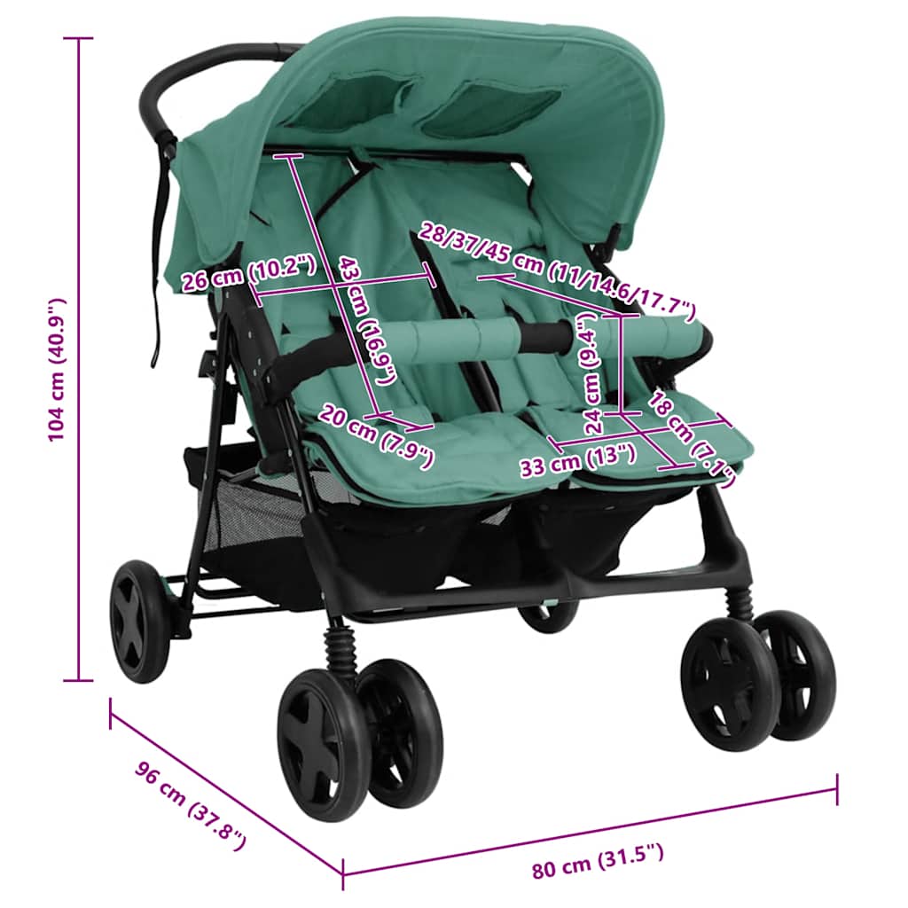 Kinderauto voor Twee Plaatsen Groen Staal, Dubbele Kinderwagen, Kinderwagen voor Tweelingen, Kinderwagen, Opvouwbare Kinderwagen, Kinderwagen Accessoires