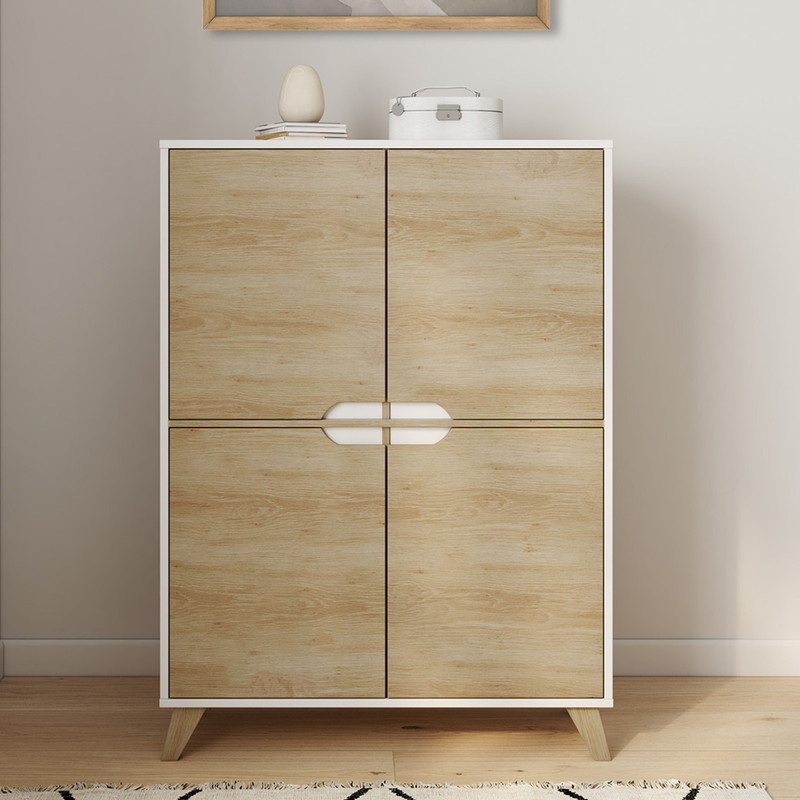 TEMU Meuble de rangement 4 portes scandinave blanc et bois