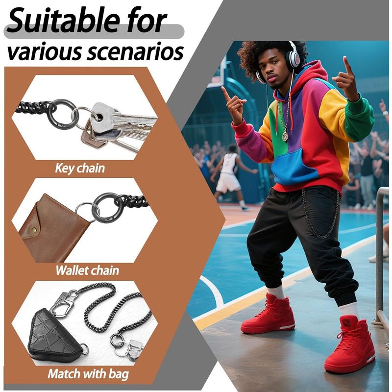 Stainless Steel Hip Chain with Metal Snap Hook and Double Clasp for Trousers, Key Ring, Wallet Chain - Fashionable Accessory for Men and Women