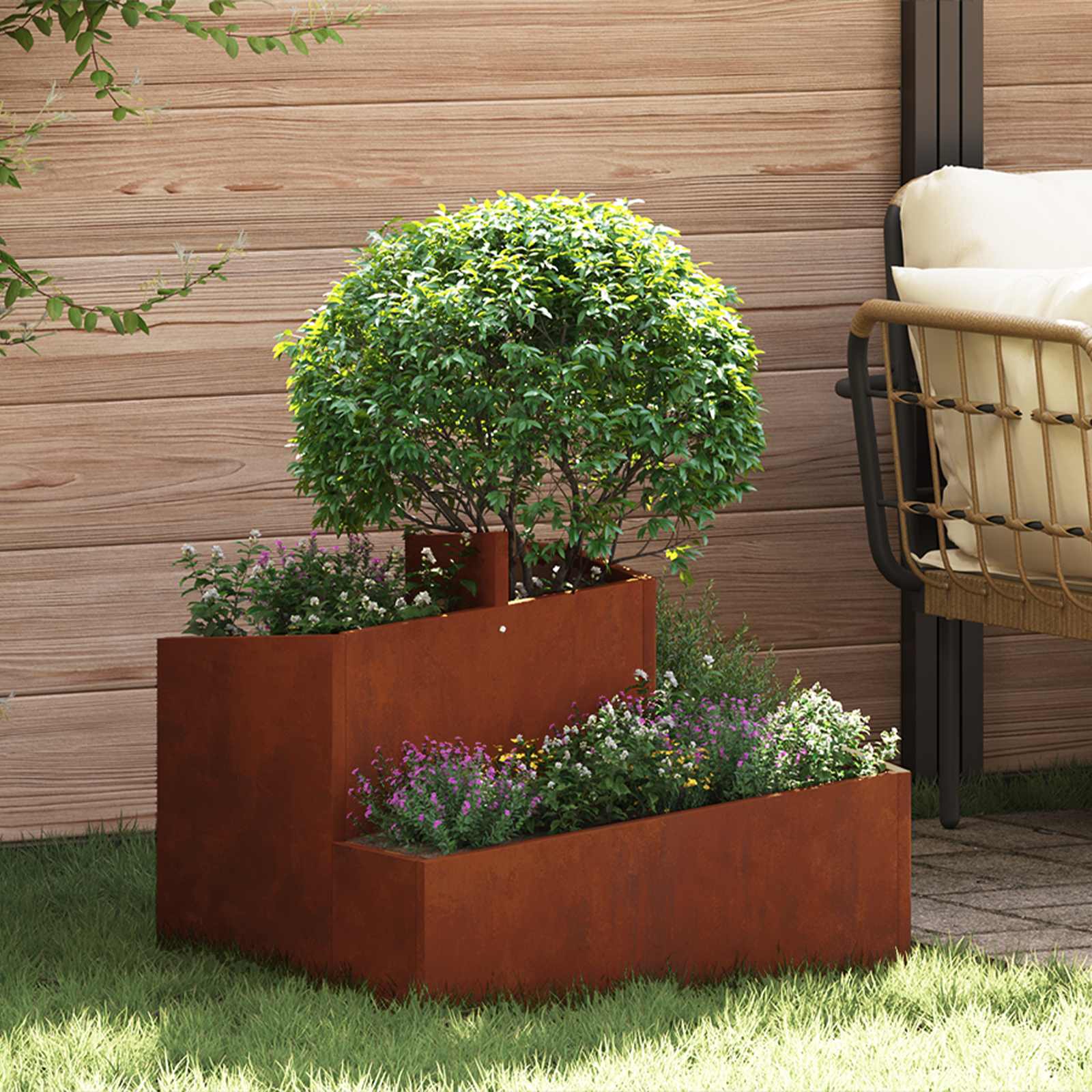 Image of Garden Planter With Rust Finish, 60 X 60 X 50 Cm, Weather-resistant Steel, For Garden And Terrace, Modern Outdoor Metal Planter, Stylish Plant Holder, Cool Terrace Decor