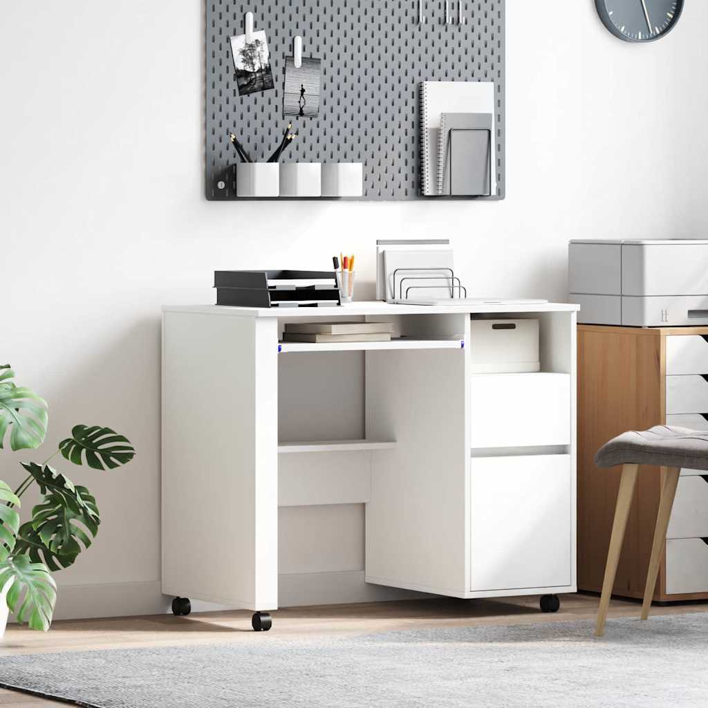 Image of Vidaxl Modern White Computer Desk With Built-in Drawers On Wheels | Compact Home Office Stylishdesk For Indoor Spaces Furniture For Small Rooms Chic