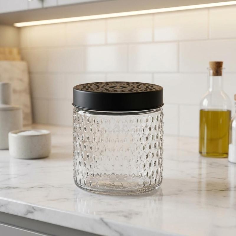 TEMU Round Glass Storage Jar With Black Matte Lid 500ml Capacity 11.4 X 12 Cm Modern Stylish Kitchen Canister Tin Organiser For Coffee Tea Sugar