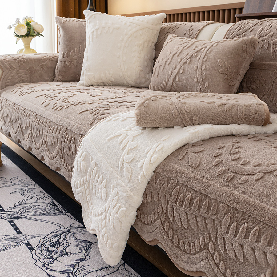 TEMU 1pc Irregular Embossed Faux Rabbit Fur Sofa Cover, 3d Plush Branch Pattern One‑piece Non‑slip Couch Slipcover, Cozy & Warm, Universal Furniture