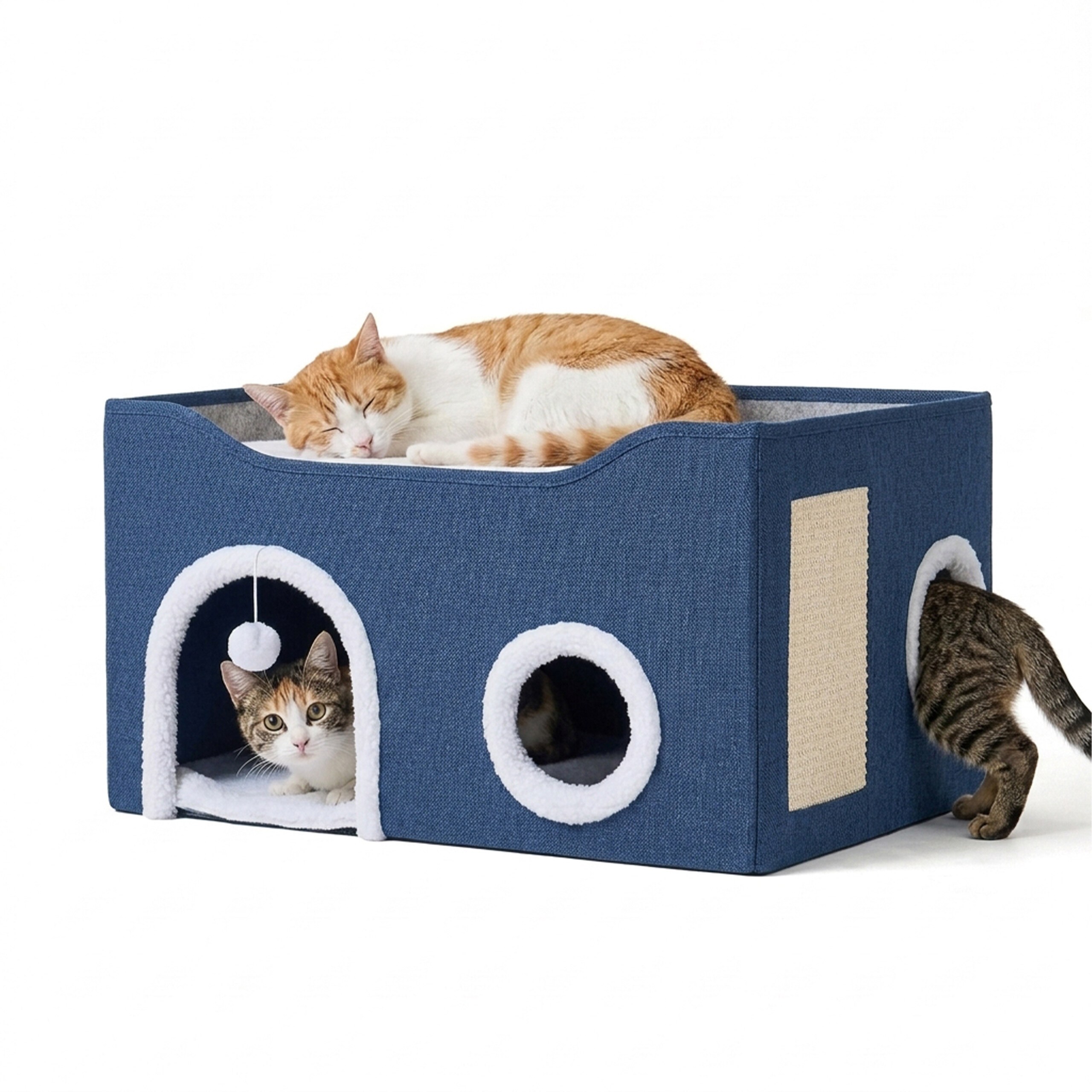 Image of Cat Cave In Blue/white - (w)60 X (h)34 X (d)40 Cm