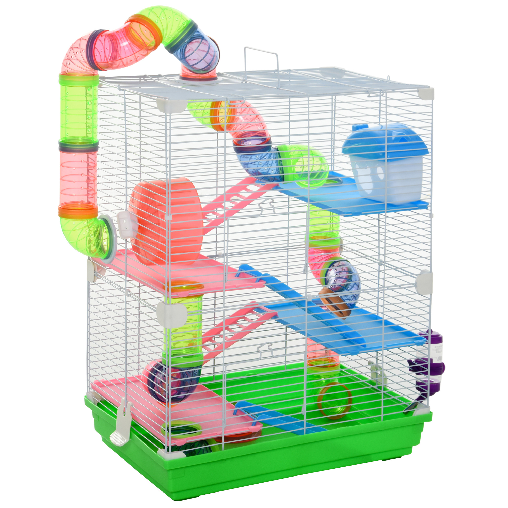 E-shop PawHut 4-stöckiger Käfig für kleine Nagetiere mit Hamstertunneln, Futterspender, Laufrad, und Leitern, Maße: 46 x 30 x 58 cm (L x B x H), grün