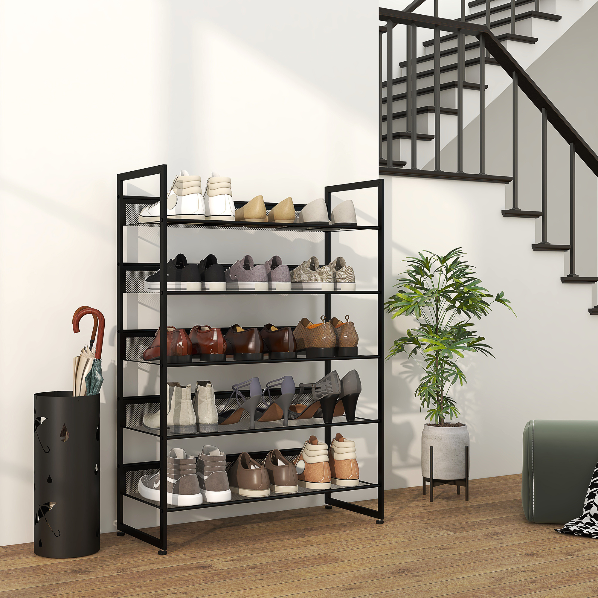 Image of Shoe Rack, Shoe Stand With , Shoe Storage For Max. 15 Pairs Of Shoes, Shoe Organizer With Handle For Entrance, Bedroom, Steel, 72 X 30 X 102 Cm, Black