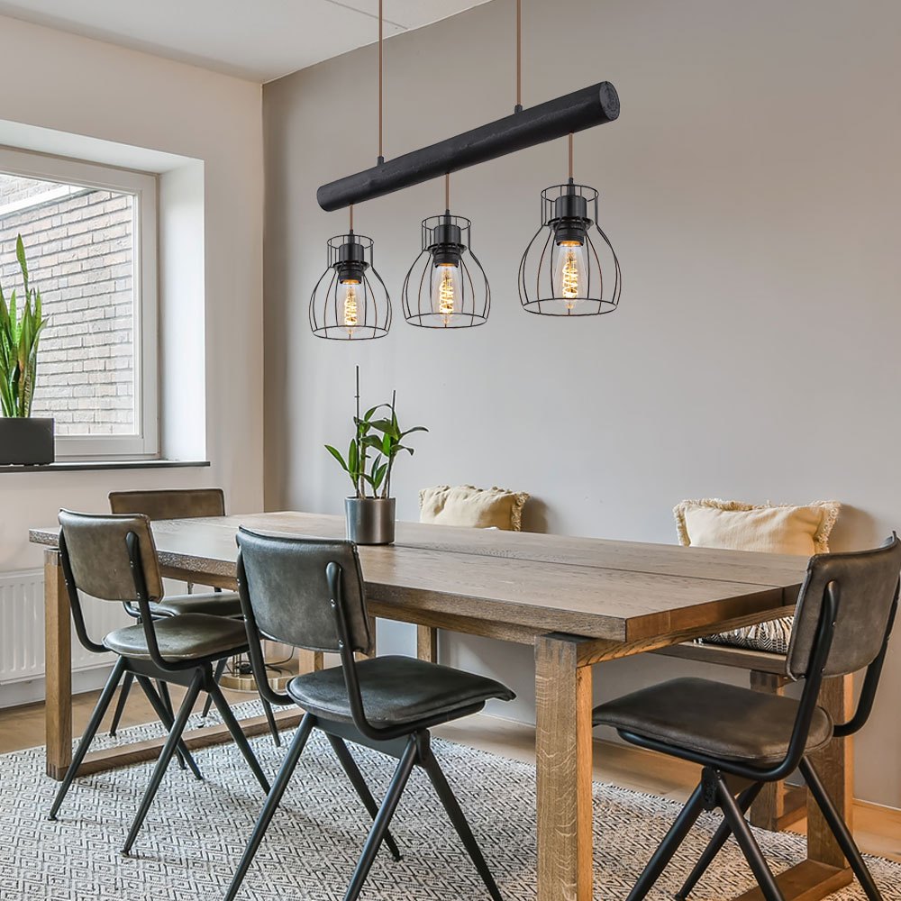 Image of Vintage Wooden Rod Pendant Light, Retro Hanging Lamp With Black Grid Shades, Metal Cage, 3x E27 Sockets, 140x60x13.6cm