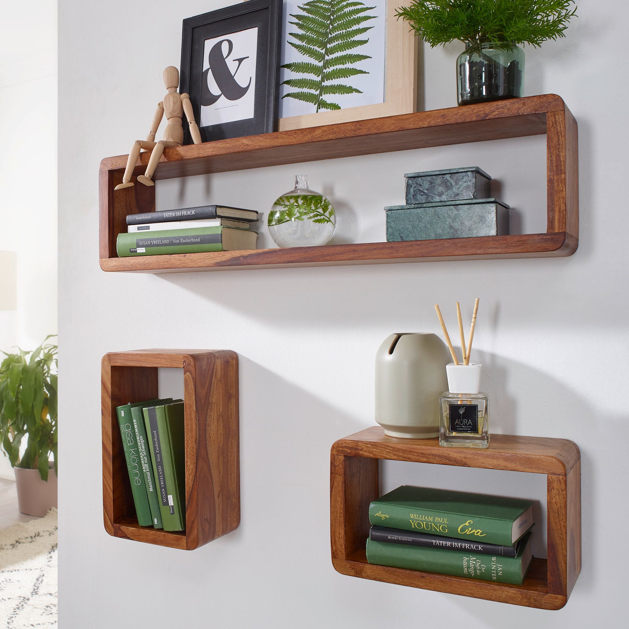 Image of Design 3pcs Set Of Massive Wooden Shelves In Country House Style, Rustic Wooden Shelf Set, Rectangular Hanging Shelf Made Of Solid Wood, Wall Shelves, Hanging Cube, Angular Wall Cabinets.