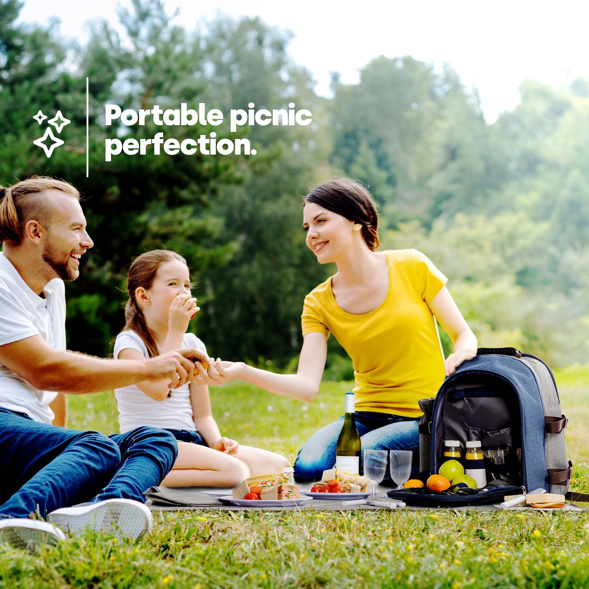 LIVIVO 4 Person Picnic Backpack Set with Blanket Cutlery Plates Wine Glasses & Insulated Bottle Holder in Blue