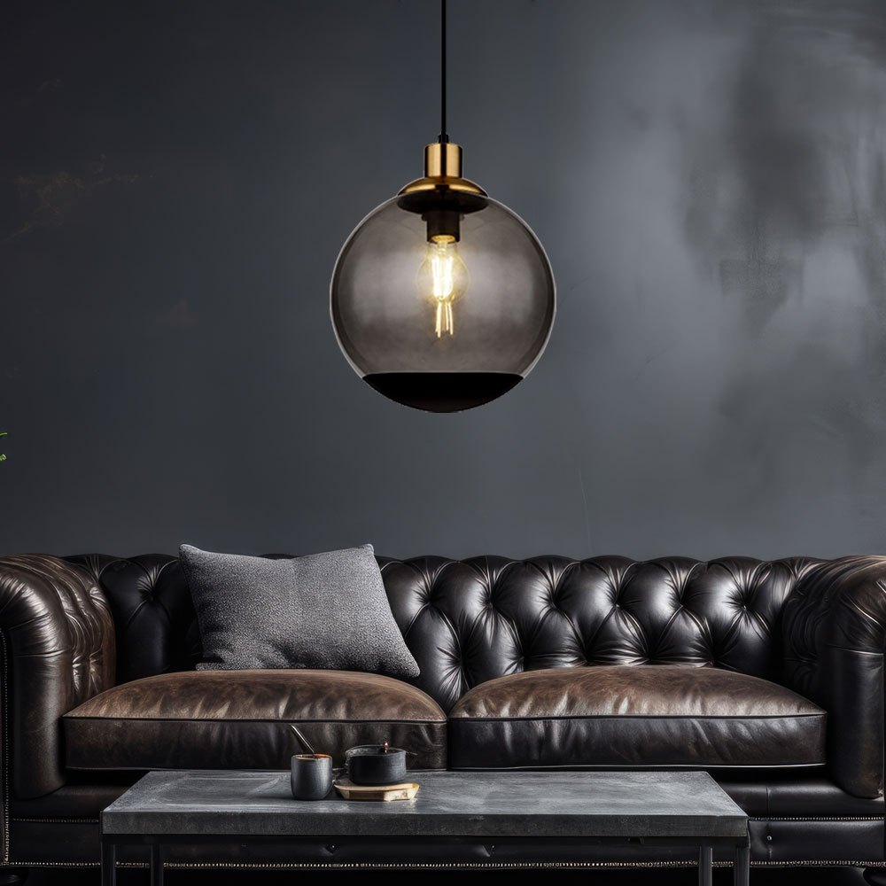 Image of Suspension Lamp Glass Modern Pendant Light Smoked Glass Pendant Light Black, Metal Glass Ball Brass Retro, 1x E27 Socket, Dxh 25x120cm