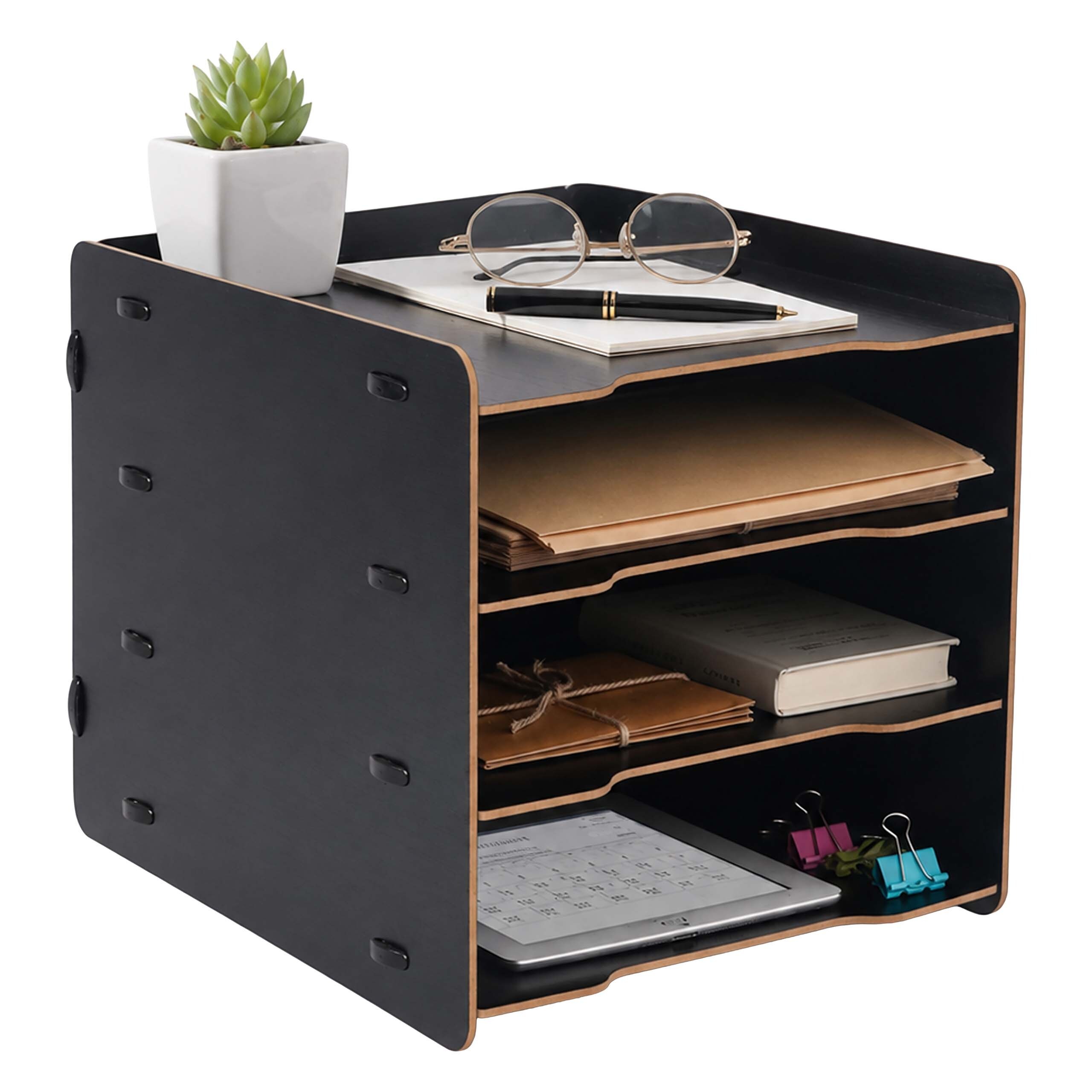 Image of Mail Organizer With 4 Compartments, Din A4, 25 X 25 X 31 Cm, Mdf With Wood Look, Black, Plug-in System, For Office, Home Office, And Desk, Document Holder, File Organizer, Relaxdays