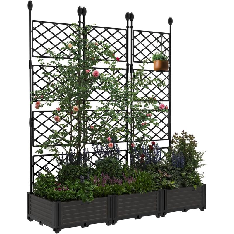 Garvee 3pcs Raised Garden Bed With Trellis & Privacy Screen, 125x41x160 Cm Tall Vertical Planter Box For Climbing Vegetables & Flowers, Sturdy Metal Frame For Patio, Balcony, Backyard
