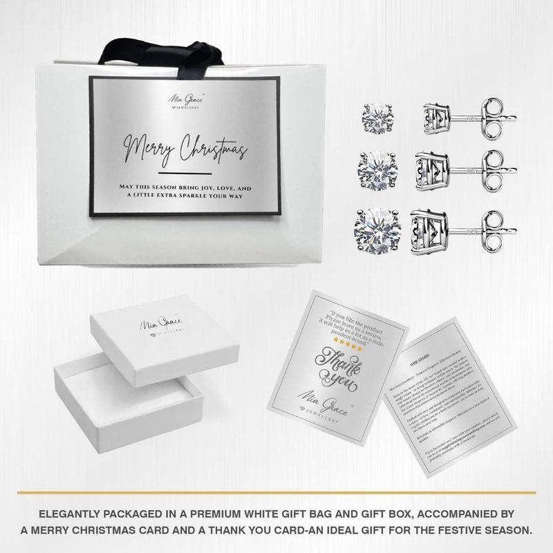TEMU Mgj™ 925 Sterling Silver Crystal Stud Earrings Set – 3 Pairs (4mm, 5mm, 6mm) | Presented In A White Gift Box, Bag & Christmas Card |