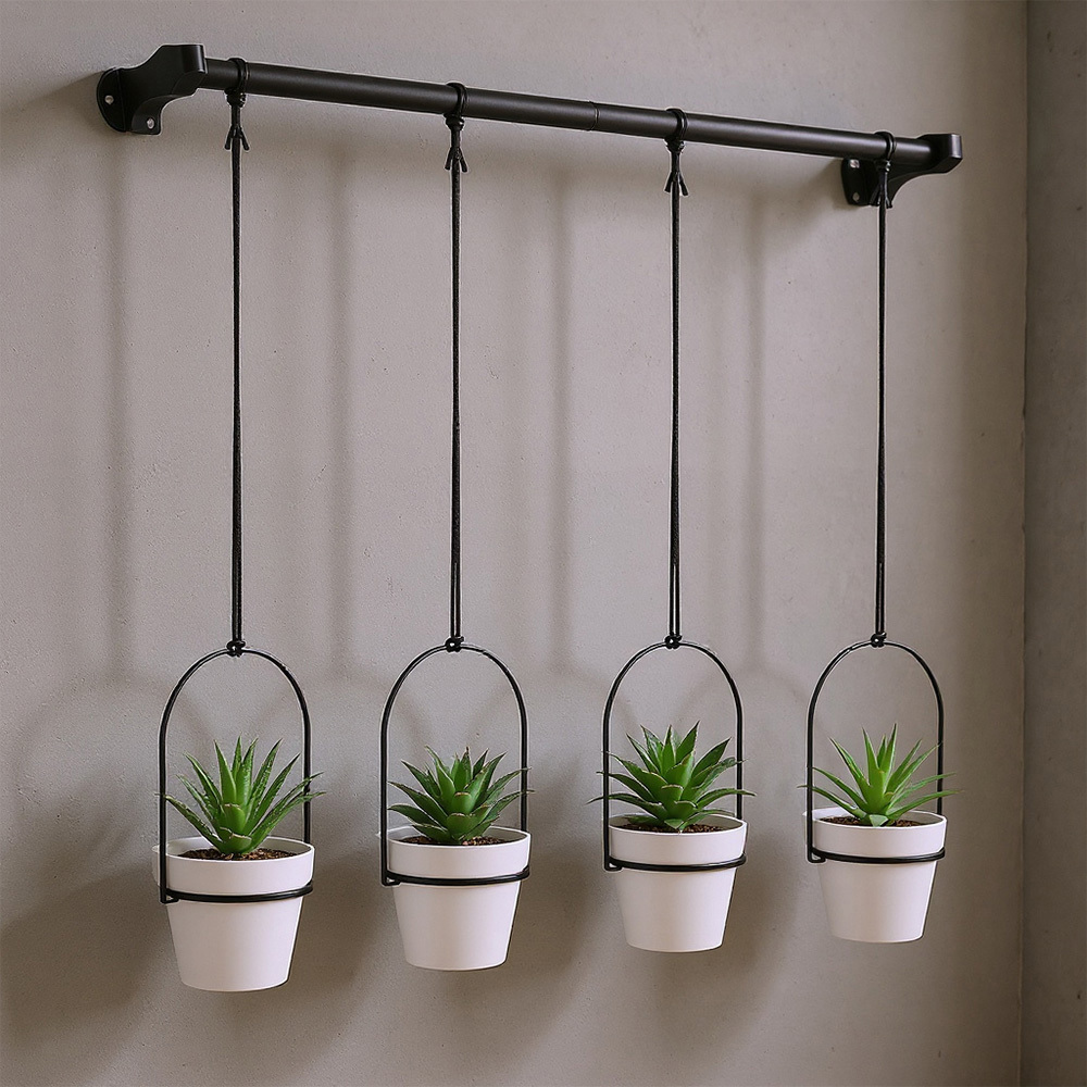 TEMU 4pcs European-style Wrought-iron Wall-mounted Plant Pots: Black Metal Hanging Rod + 4 White Plastic Pots; Hanging Pots For Succulents; Rod