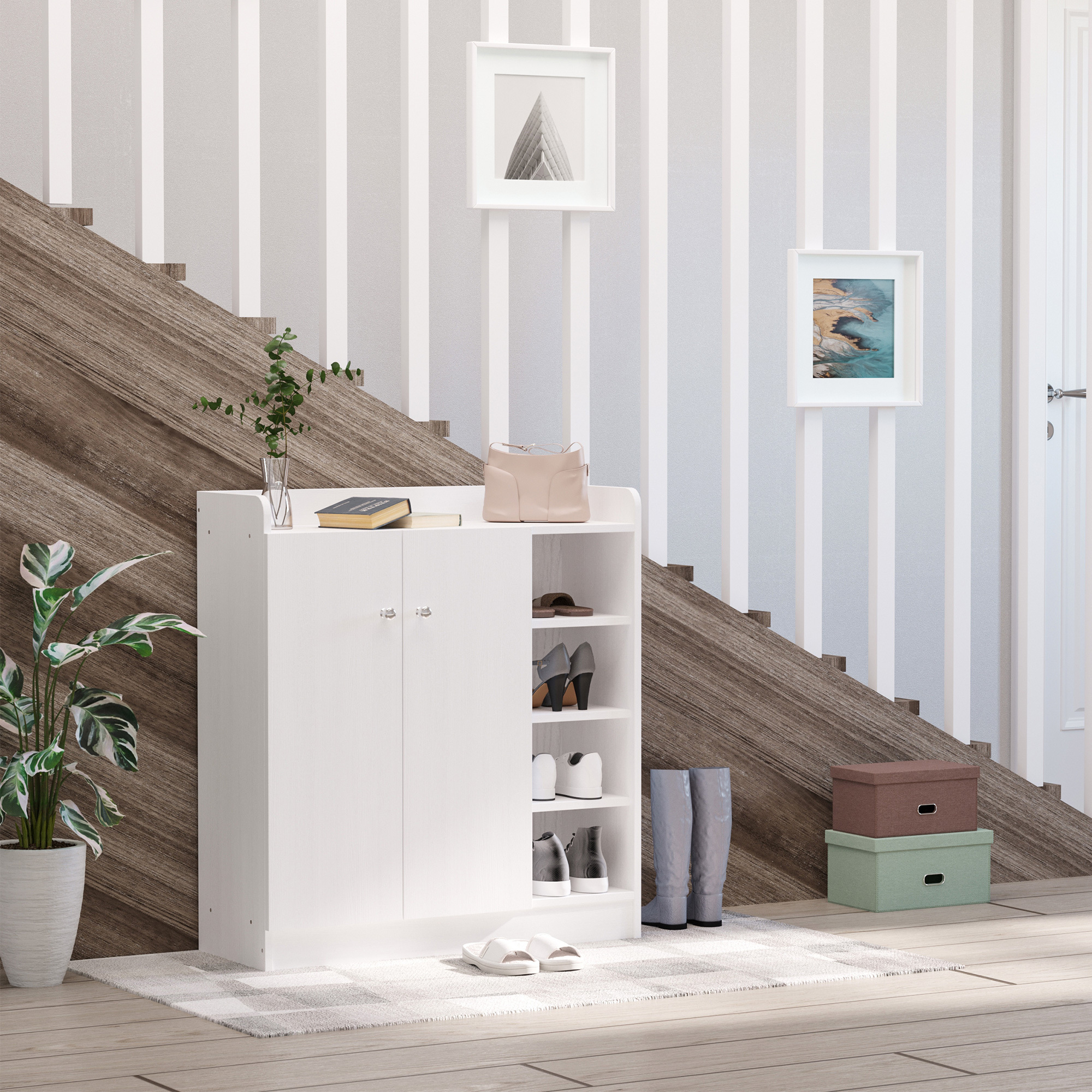 Shoe Cabinet Narrow Shoe Cabinet With 2 Doors, 4 Open Compartments, For 12 Pairs, Shoe Rack With Adjustable Shelves For Entrance, Hallway, 83 X 30 X 90 Cm, White
