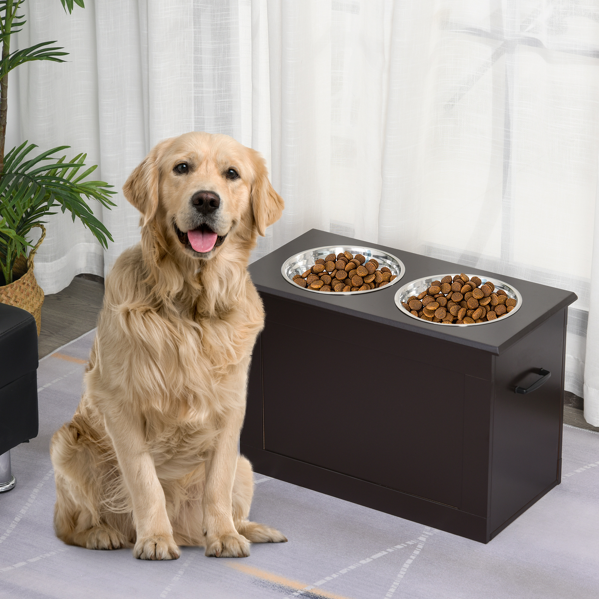 Image of Elevated Dog Bowl Feeding Bowl With Storage Water Bowl 2 X 2000ml Stainless Steel Bowls Dog Bowls Feeding Station For Dogs Cats Espresso