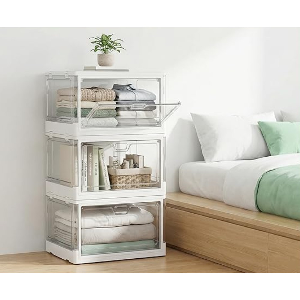 TEMU 23l Clear Plastic Storage Box With Lid & Wheels, Stackable Foldable Organiser Box With Front Door For Kitchen Bedroom Office Brand