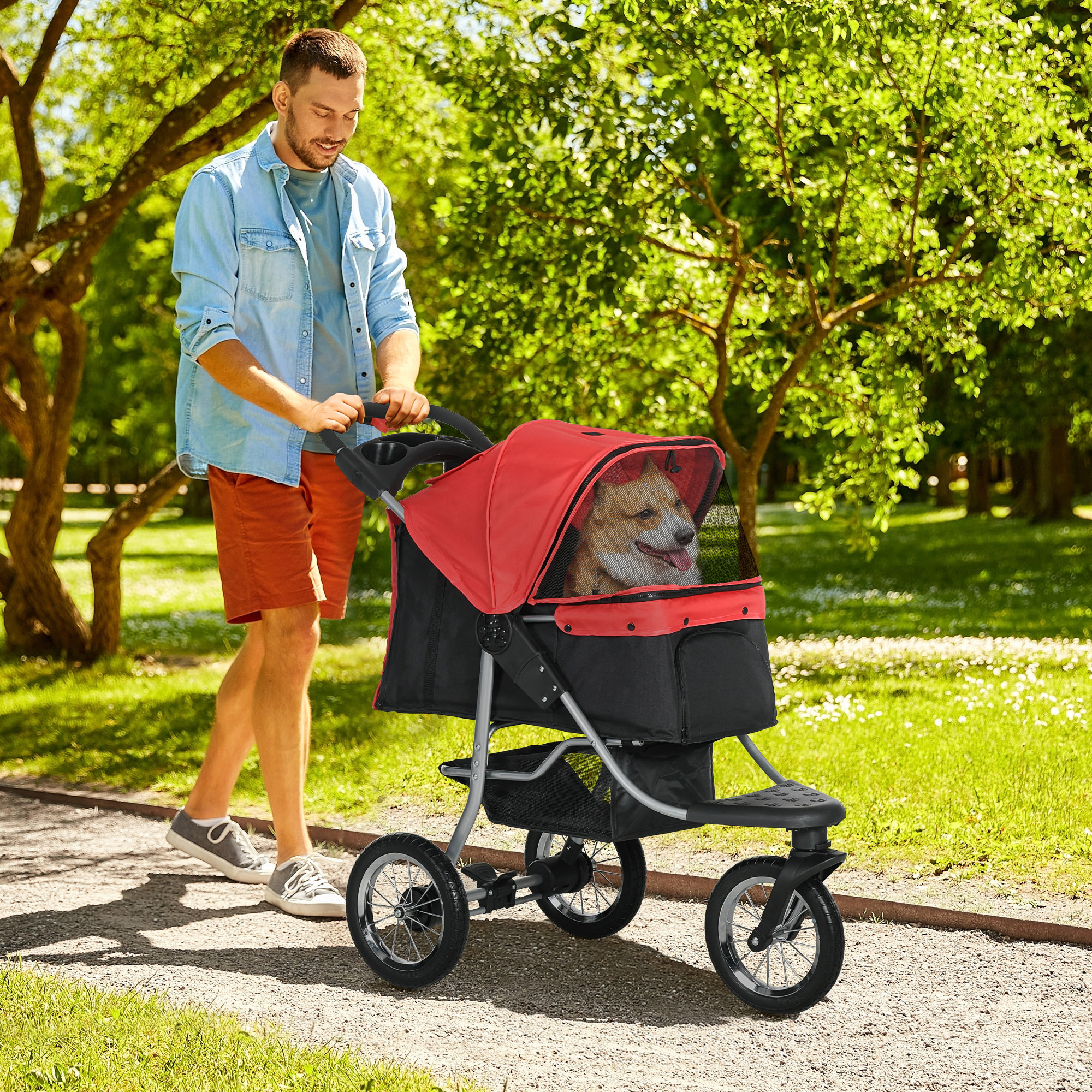 Foldable Dog Stroller, Pet Buggy For Up To 10 Kg, Cat Stroller With Mesh Windows, Drink Holder, Storage Basket, Cat Stroller Buggy, Red