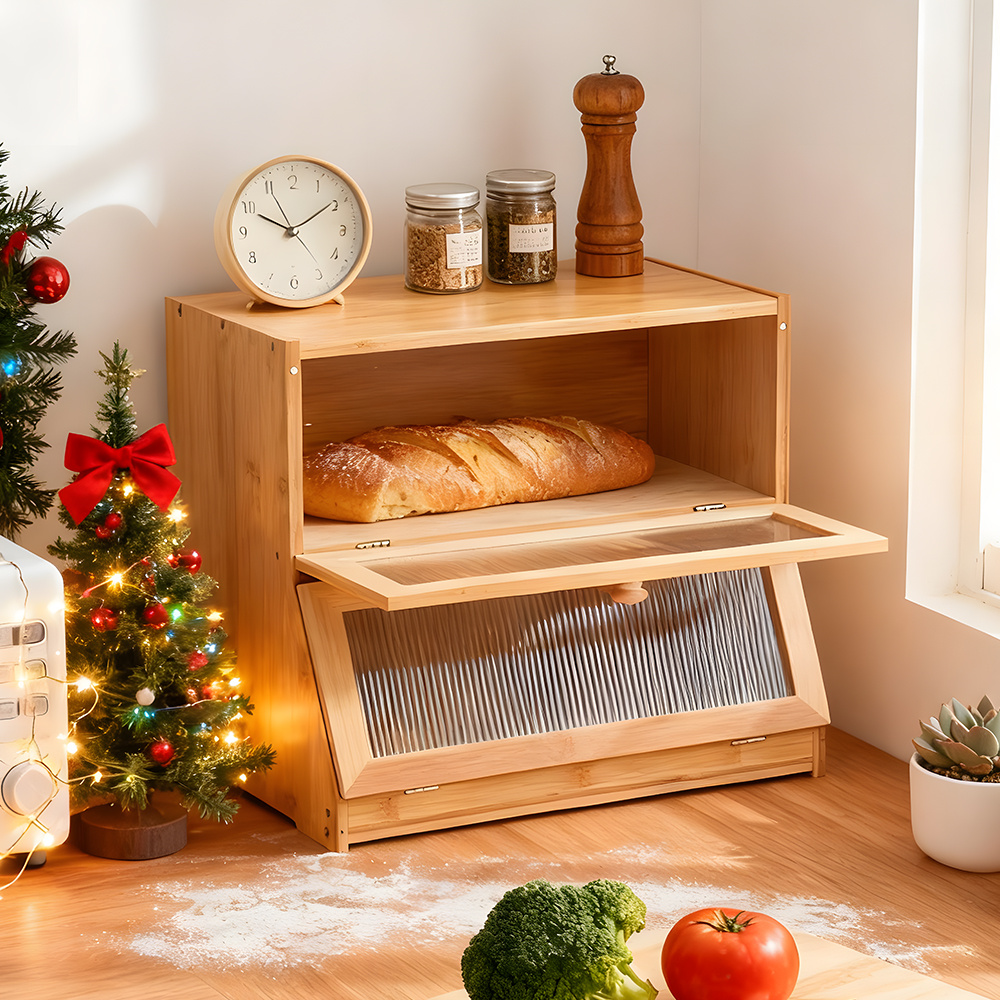 TEMU Double-layer Wooden Bread Box, Kitchen Assembled And Detachable Solid Wood Bread Storage Container, Large Capacity Countertop Kitchen Storage