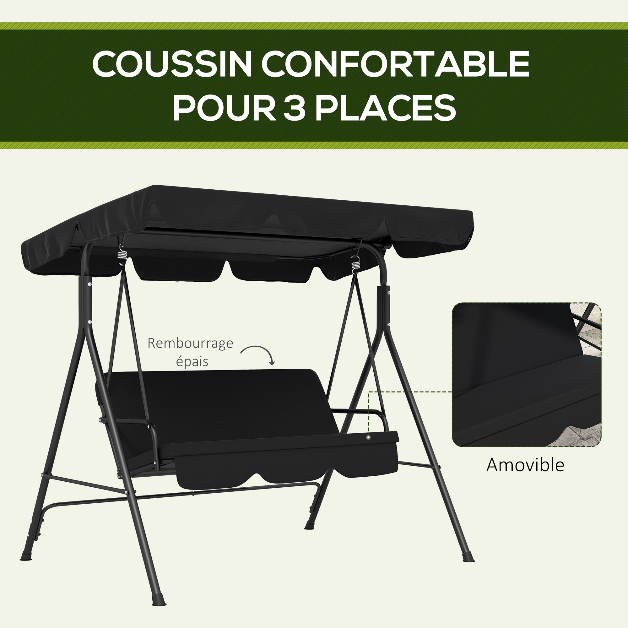 Balancier de jardin Outsunny 3 sièges, siège et dossier réglables, coussins 1,72L x 1,1L x 1,53H m noir acier noir polyester